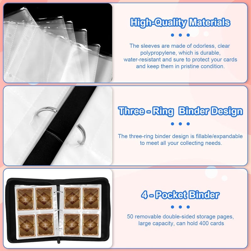 awedsu Collectible Trading Card Albums,Collectible Trading Card Protective Sleeves,Card Binder 4-Pocket,400 Pockets Card Case Holder for TCG, Sports Card.… (Blue and White) - Image 3